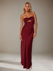 Wine Red Satin Sweetheart Neckline Sleeveless Open Back Ankle Length Sheath Dress