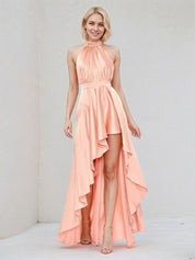 Salmon Satin A Line Halter Neck Sleeveless Ruched Asymmetrical Bridesmaid Dress