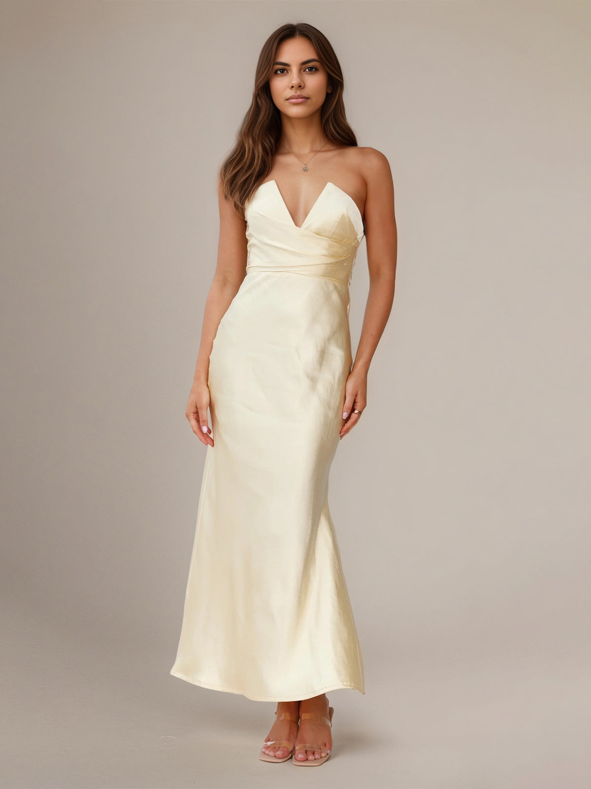 Yellow Satin Sheath/Column V Neck Ankle Length Bridesmaid Dresses