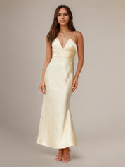 Yellow Satin Sheath/Column V Neck Ankle Length Bridesmaid Dresses