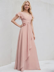 Dusty Rose Chiffon A Line V Neck Ruffle Sleeves Floor Length Bridesmaid Dress