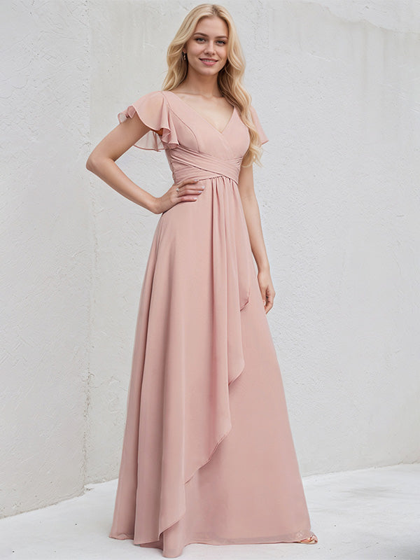 Dusty Rose Chiffon A Line V Neck Ruffle Sleeves Floor Length Bridesmaid Dress