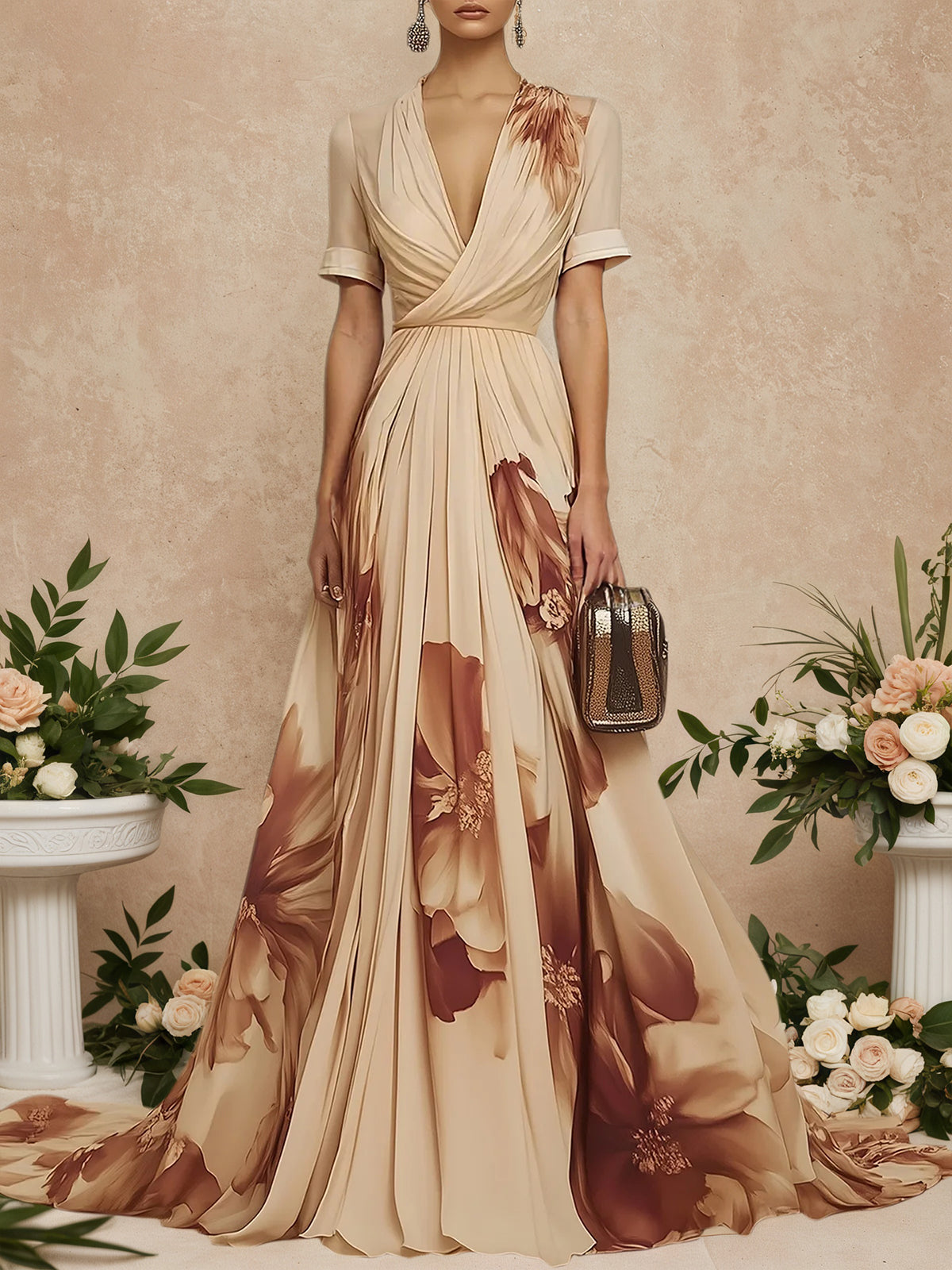 Dreamylily Women Beige Floral Chiffon V Neck Short Sleeve A-Line Gown Dress Dreamylily Women Beige Floral Chiffon V Neck Short Sleeve A-Line Gown Dress