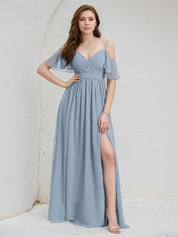 Dusty Blue Chiffon A Line Spaghetti Straps Ruffle Sleeves Floor Length Bridesmaid Dress