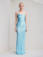 Iceberg Blue Sheath/Column Satin Spaghetti Straps Sleeveless Floor Length Dress