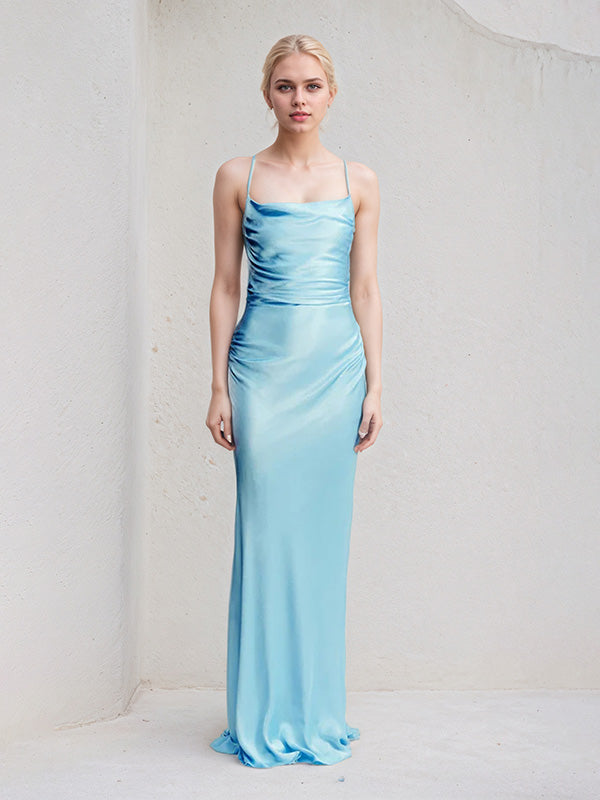 Iceberg Blue Sheath/Column Satin Spaghetti Straps Sleeveless Floor Length Dress