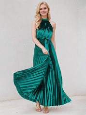 Peacock A Line Satin Halter Neck Sleeveless Floor Length Dress