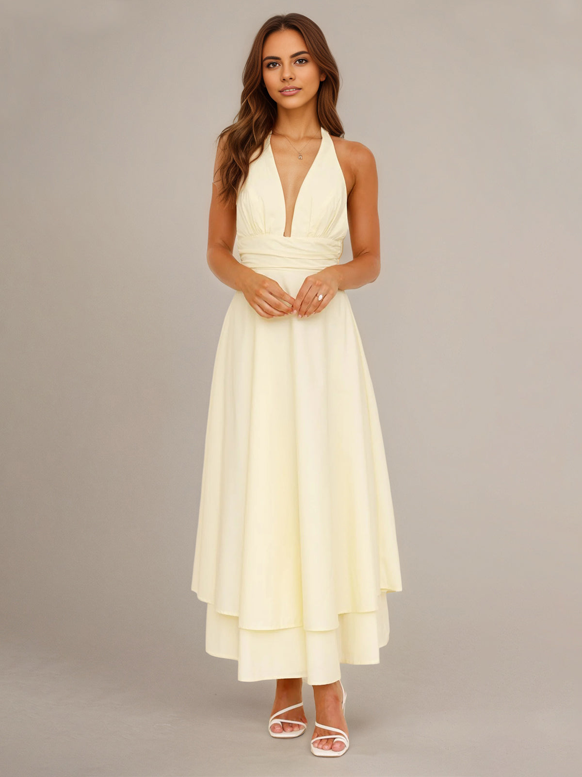 Lemon Chiffon A Line Halter Neck Sleeveless Ankle Length Bridesmaid Dress