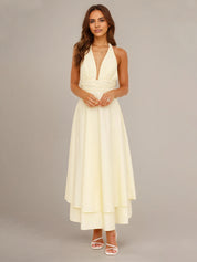 Lemon Chiffon A Line Halter Neck Sleeveless Ankle Length Bridesmaid Dress