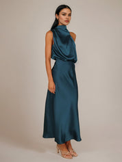 Teal Satin Sheath/Column High Neck Sleeveless Ankle Length Bridesmaid Dress
