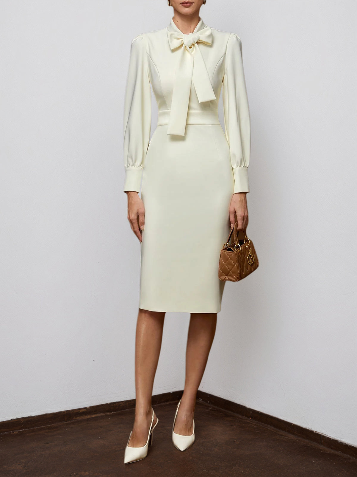 Dreamylily Women Off White Bow Neck Long Sleeve Sheath Midi Blazer Dress