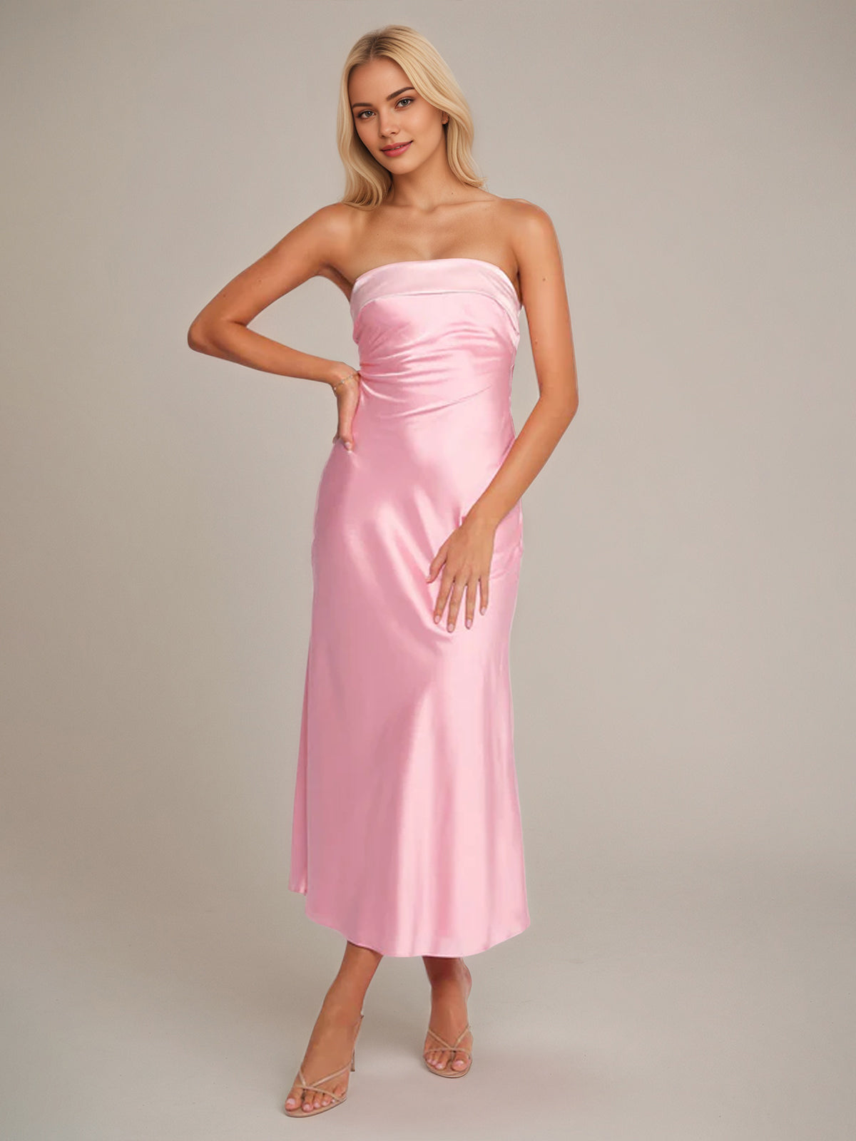 Pink Satin Sheath/Column Off The Shoulder Sleeveless Ankle Length Bridesmaid Dress
