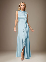 Sky Blue A Line Satin High Neck Sleeveless Floor Length Dress