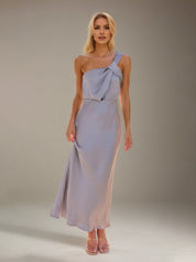 Steel Blue Satin Sheath/Column One Shoulder Ankle Length Bridesmaid Dresses