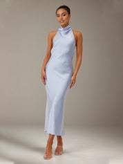 Blue Satin Sheath/Column High Neck Ankle Length Bridesmaid Dresses