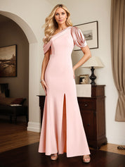 Pink Trumpet/Mermaid Satin One Shoulder Sleeveless Ankle Length Dress With High Slit