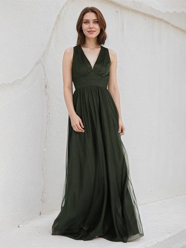 Dark Green A Line Tulle V Neck Sleeveless Floor Length Dress