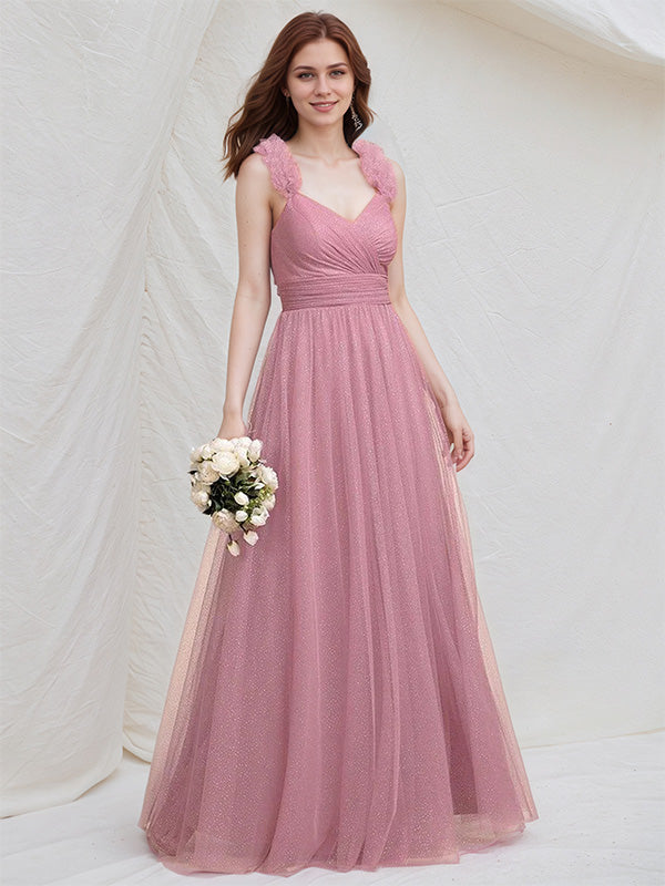 Pink Tulle A Line V Neck Sleeveless Pleated Floor Length Bridesmaid Dress