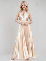 Champagne A Line Satin Cross Neck Sleeveless Floor Length Dress