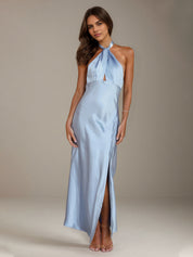 Blue Satin Sheath/Column Halter Neck Ankle Length Bridesmaid Dresses