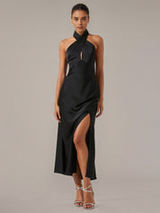 Black Satin Sheath/Column Halter Neck Sleeveless Ankle Length Dress