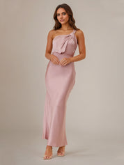 Dusty Rose Satin Sheath/Column One Shoulder Sleeveless Ankle Length Bridesmaid Dress
