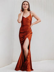 Rust Sheath/Column Satin Spaghetti Straps Sleeveless Floor Length Dress