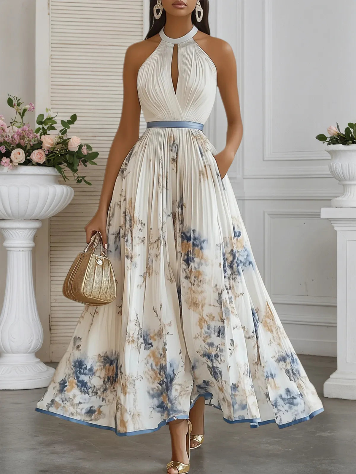Dreamylily Women White Pleated Floral Chiffon Halter Sleeveless A-Line