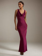 Burgundy Satin Sheath/Column Cowl Neck Sleeveless Floor Length Dress