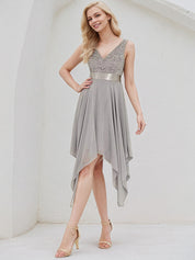 Silver Chiffon A Line V Neck Sleeveless Asymmetrical Bridesmaid Dress With Appliques