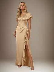 Champagne Trumpet/Mermaid Satin V Neck Short Sleeves Floor Length Dress With Slit