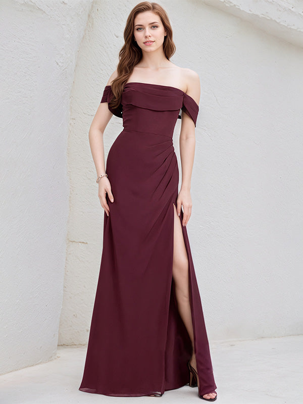 Cabernet Chiffon A Line Off the Shoulder Floor Length Bridesmaid Dress With Slit