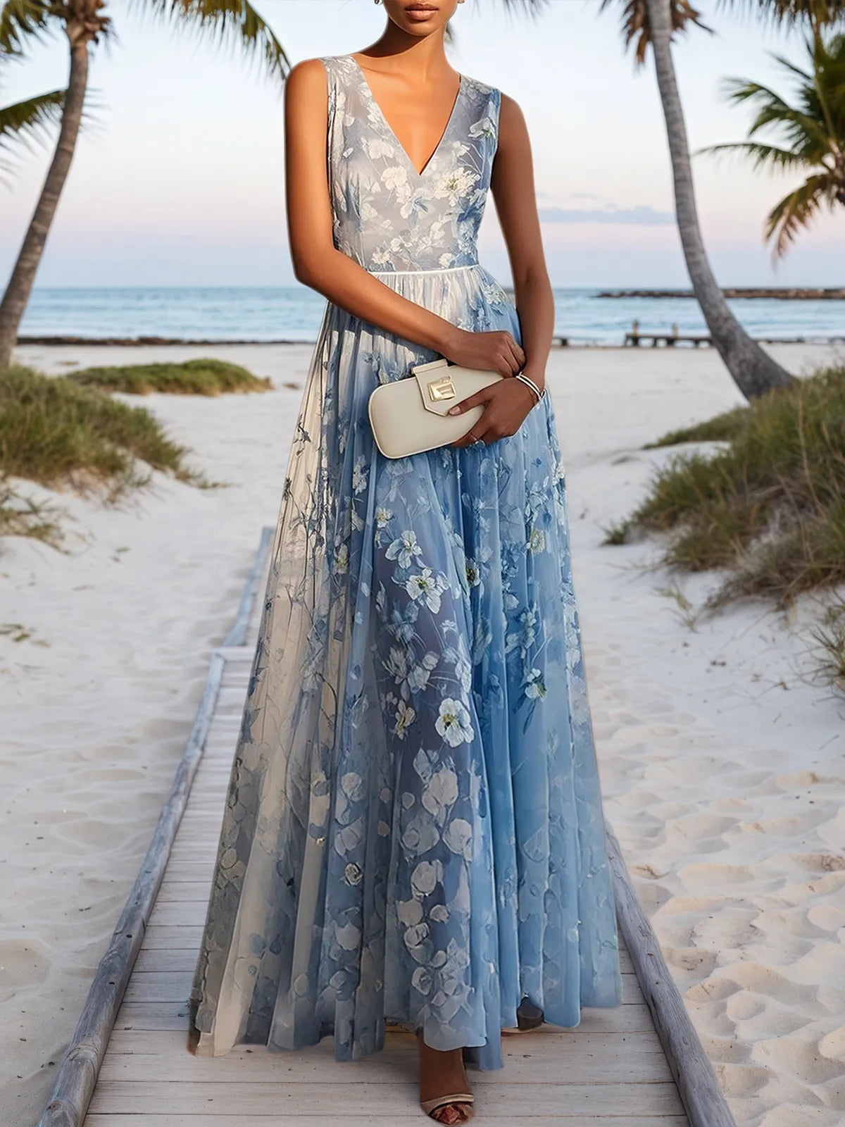 strapless open back dress Dreamylily Women Light Blue Chiffon V Neck Sleeveless A-Line Maxi Dress
