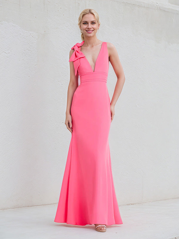 Hot Pink Chiffon V Neck Floor Length Bridesmaid Dress With Bow