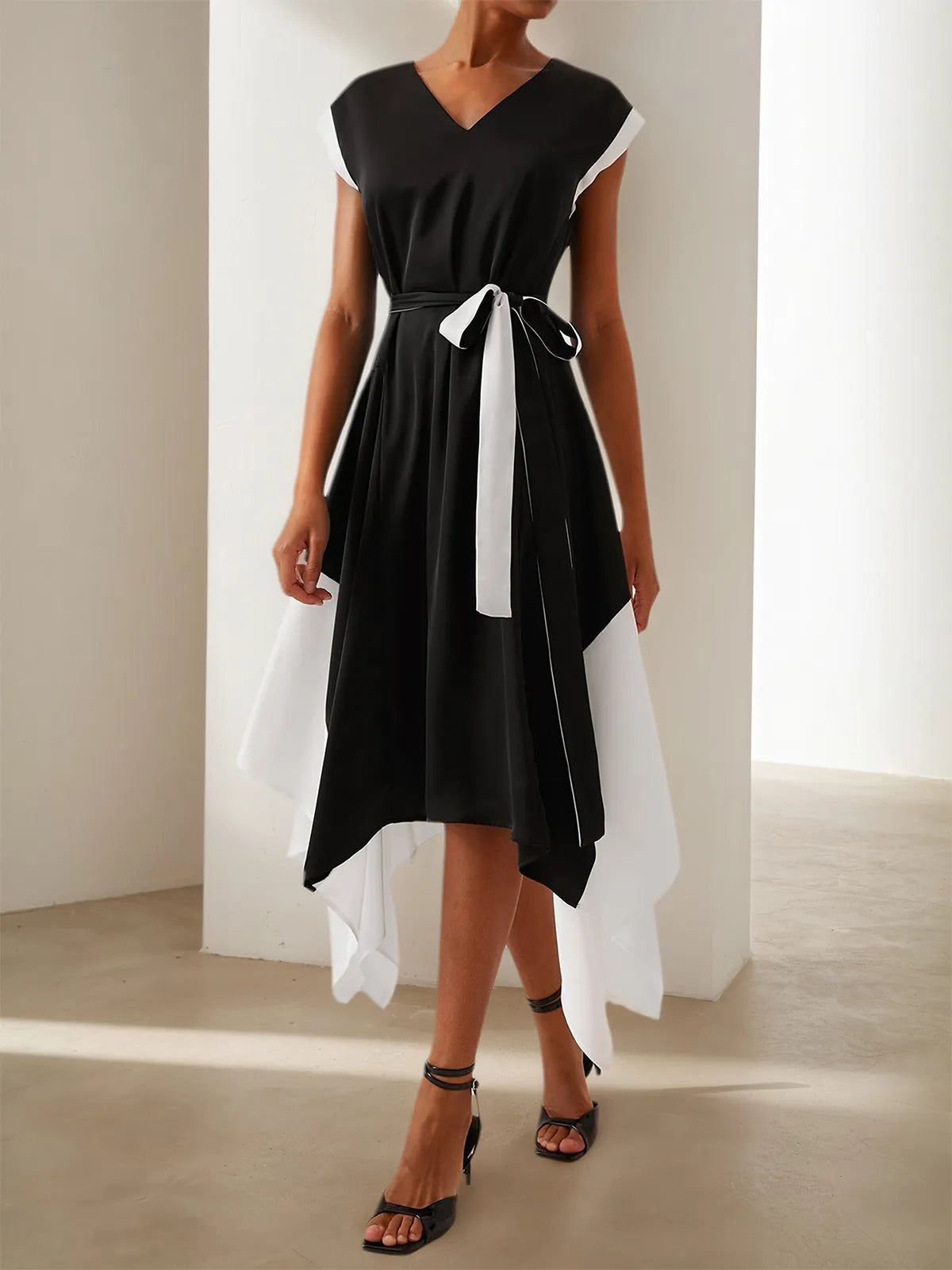 Dreamylily Women Black V Neck Short Sleeve Tie Waist A-line Midi Dress Dreamylily Women Black V Neck Short Sleeve Tie Waist A-line Midi Dress