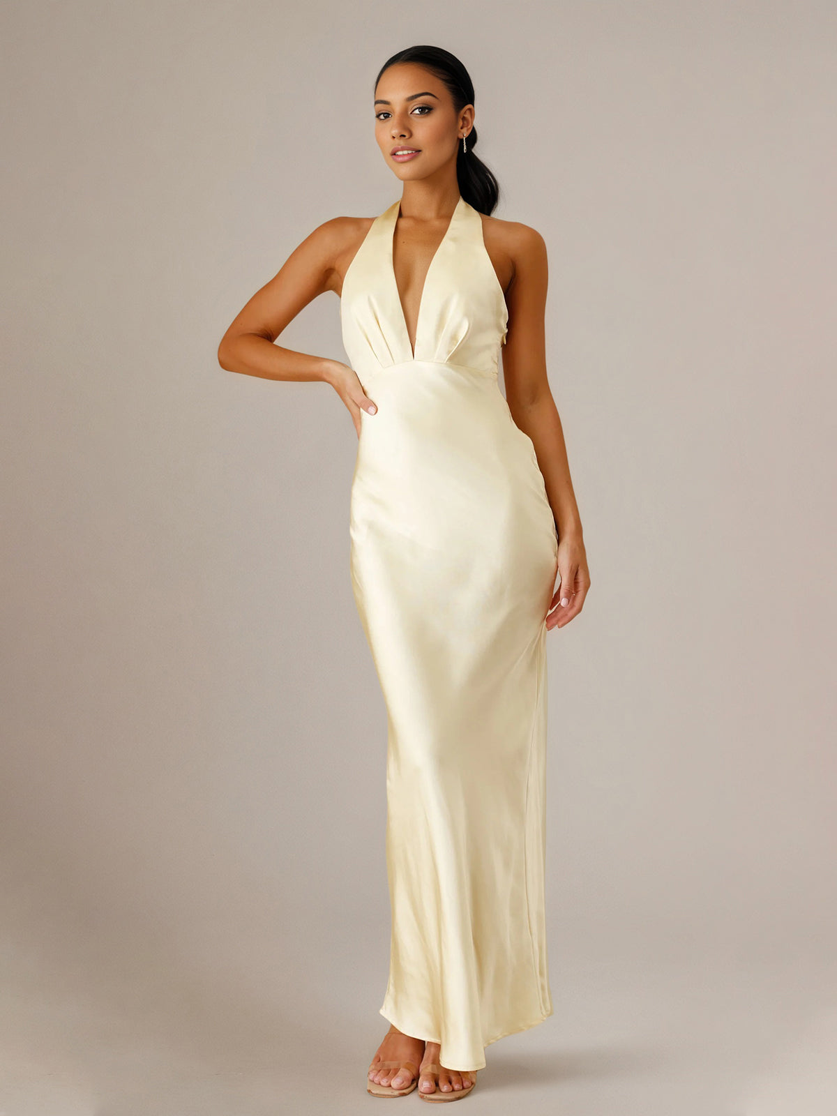Dreamylily Women Yellow Satin Sheath/Column V Neck Sleeveless Floor Length Bridesmaid  Dresses