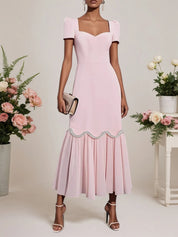 Pink Rhinestone Classic Sweetheart Neckline Short Sleeve A-Line Maxi Dress