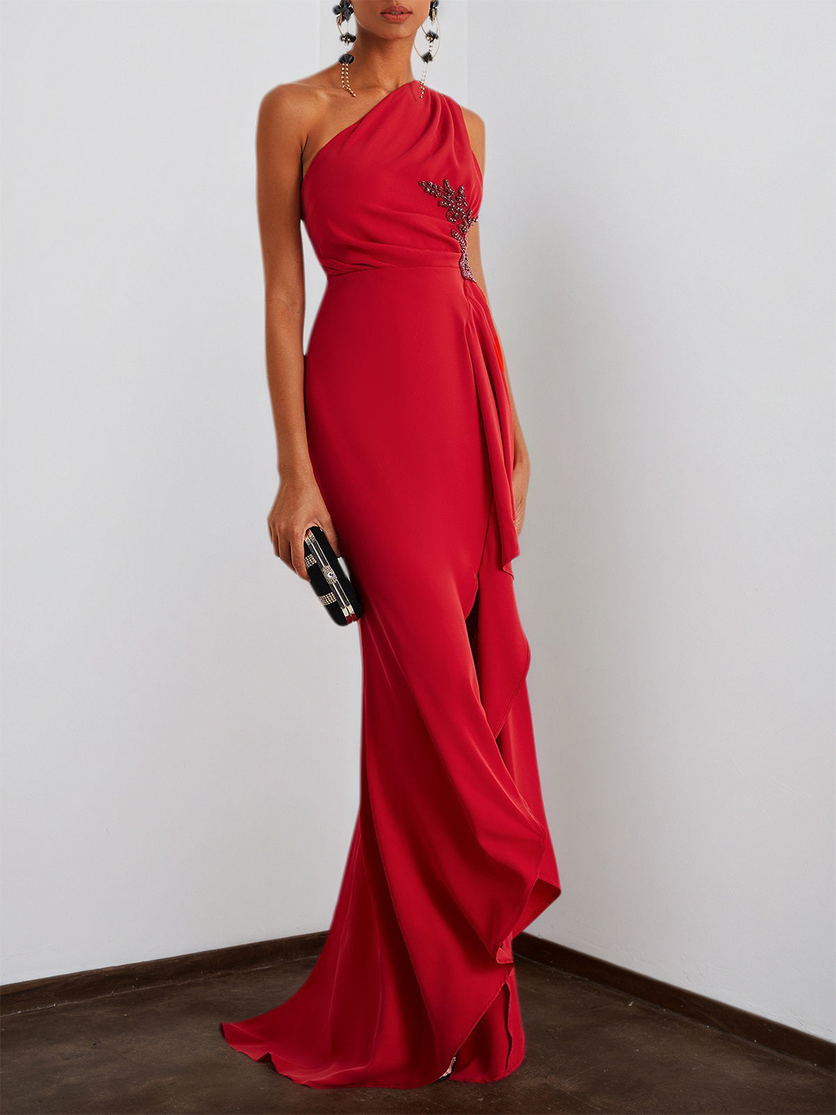 Red Beaded One Shoulder Long Prom Dresses with Slit VK23111205