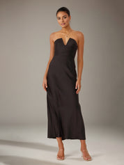 Black Satin Sheath/Column V Neck Ankle Length Bridesmaid Dresses