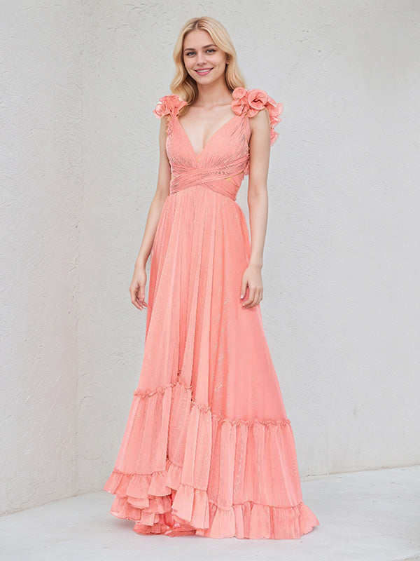 Coral Chiffon A Line V Neck Sleeveless Ruched Asymmetrical Bridesmaid Dress With Ruffle Sleeve