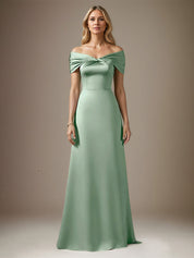 Mist Blue A Line Satin Off The Shoulder Sleeveless Floor Length Dress