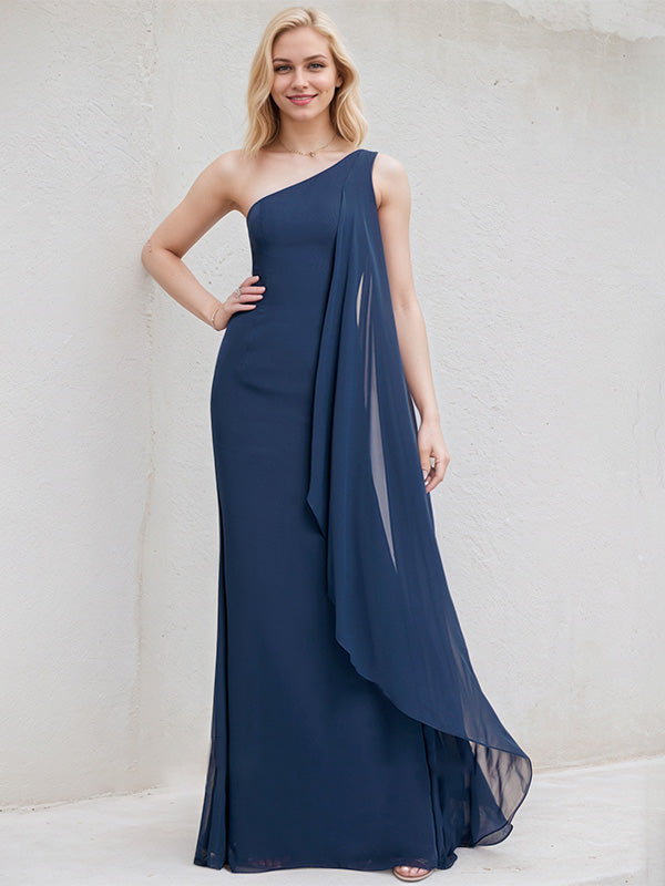 Dreamylily Women Navy Blue Chiffon A Line One Shoulder Floor Length