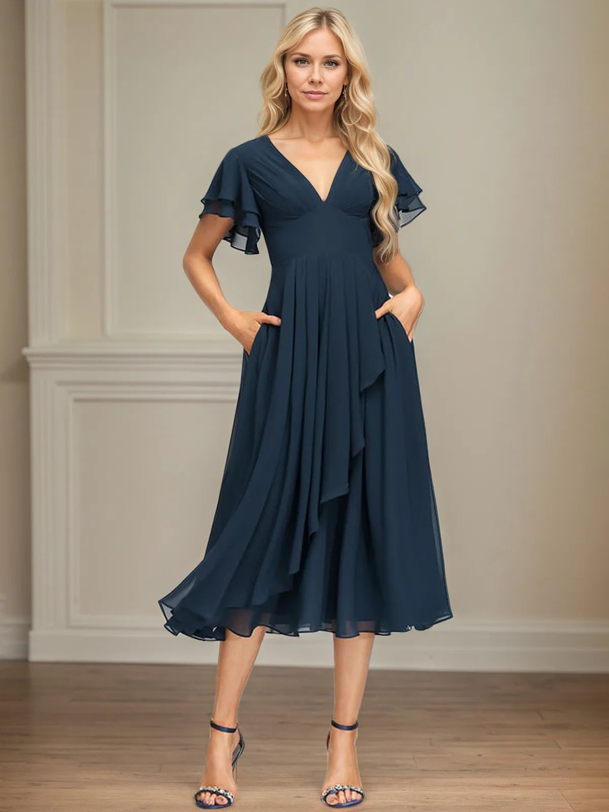 Dreamylily Women A Line V-Neck Tea Length Chiffon Dress With Cascading Ruffles Dreamylily Women A Line V-Neck Tea Length Chiffon Dress With Cascading Ruffles