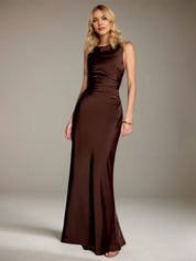 Chocolate Sheath/Column Scoop Sleeveless Floor-Length Satin Bridesmaid Dress