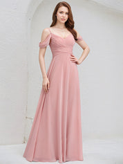 Blush Chiffon A Line Spaghetti Straps Cold Shoulder Floor Length Bridesmaid Dress