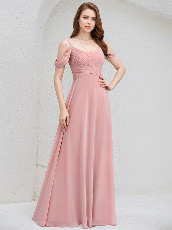 Blush Chiffon A Line Spaghetti Straps Cold Shoulder Floor Length Bridesmaid Dress