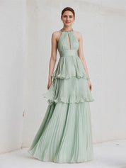 Mint Green A Line Chiffon Halter Neck Floor Length Bridesmaid Dress With Ruffle