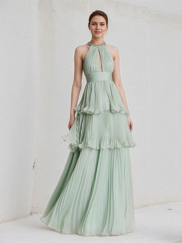 Mint Green A Line Chiffon Halter Neck Floor Length Bridesmaid Dress With Ruffle