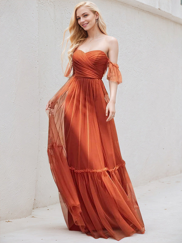 Burnt Orange Tulle A Line Sweetheart Short Sleeves Floor Length Bridesmaid Dress