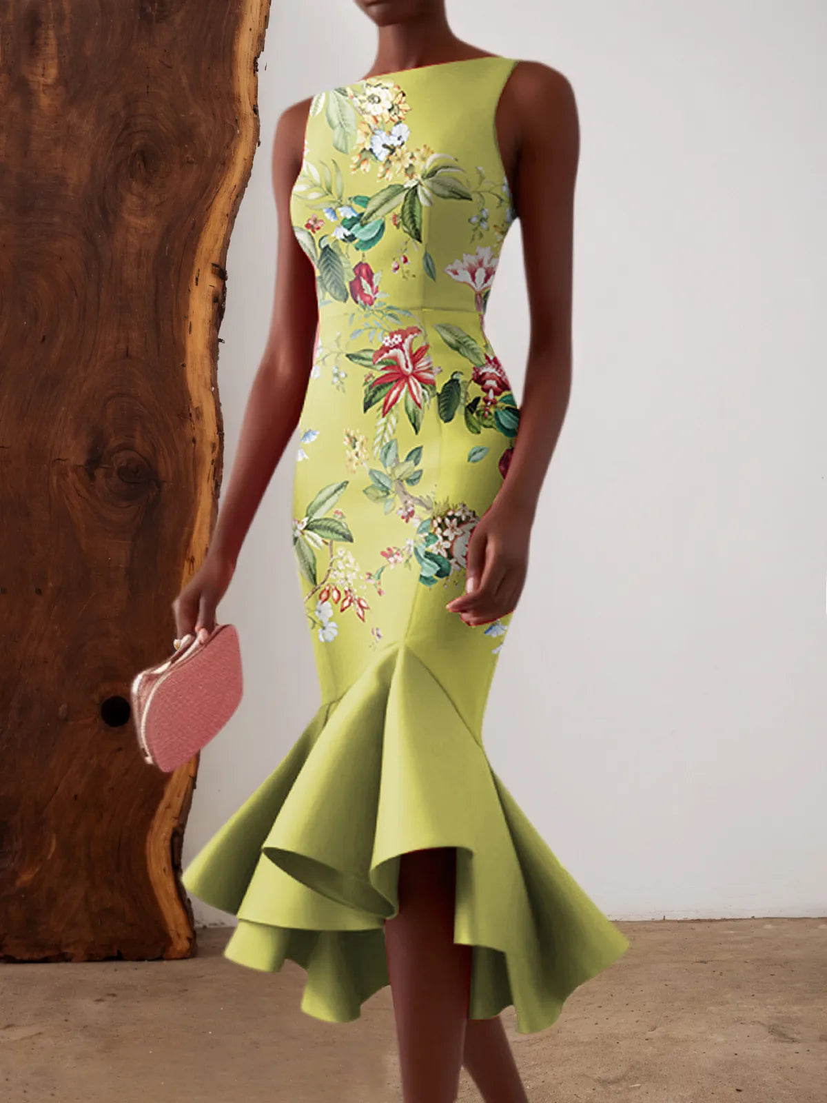 Dreamylily Women Green Floral Boat Neck Sleeveless Mermaid Midi Dress Dreamylily Women Green Floral Boat Neck Sleeveless Mermaid Midi Dress